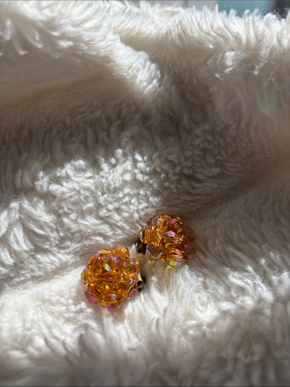 Gold-Tone Amber Aurora Borealis Crystal Cluster Clip Earrings